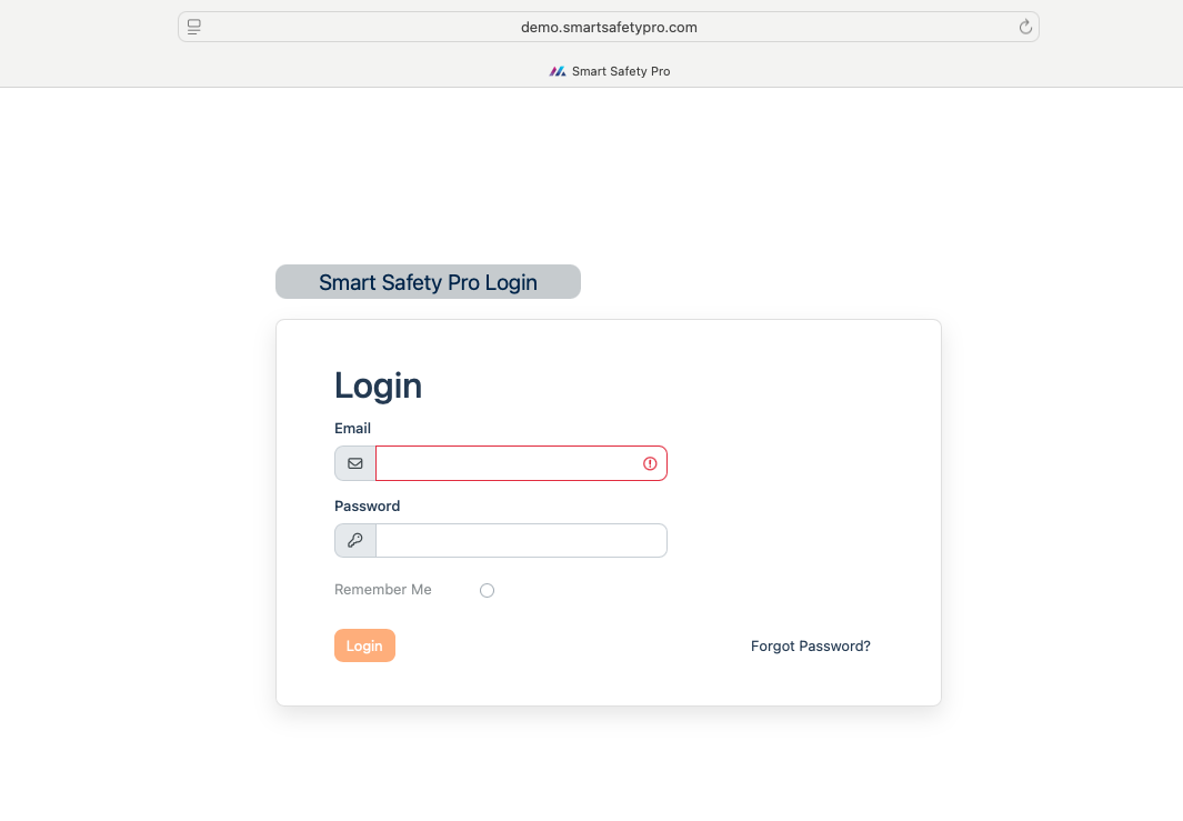 Smart Safety Pro Login Screen
